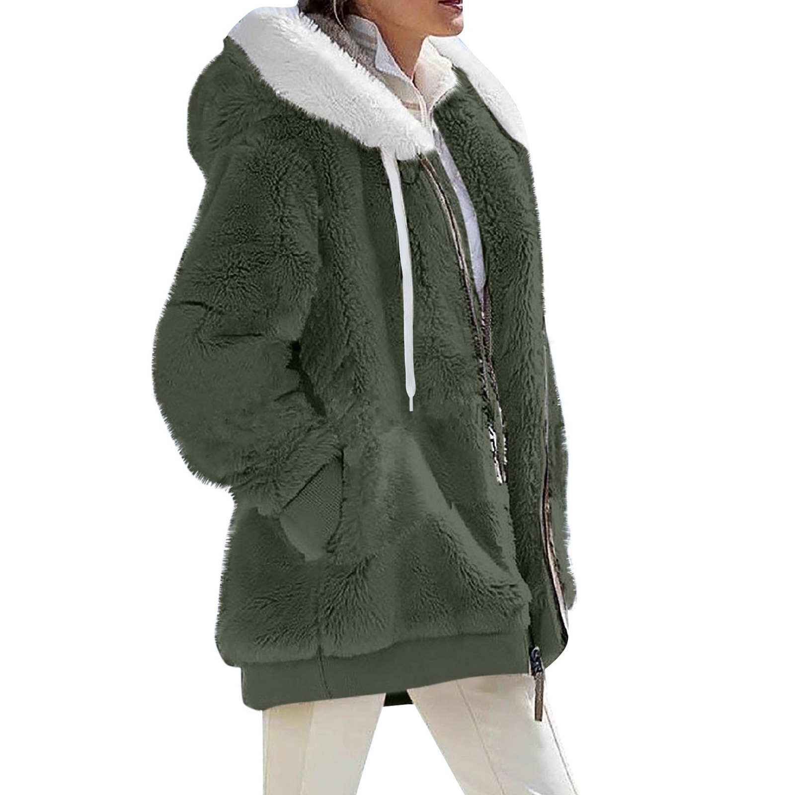 Difdany 2024 Fuzzy Winter Coats For Women Hooded Zip Up Fleece Jackets